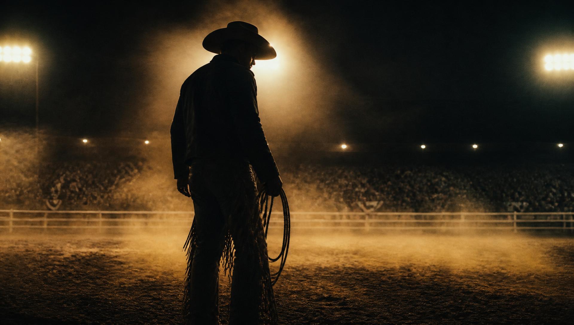 Rodeo arena at night lit by dust and stadium lights